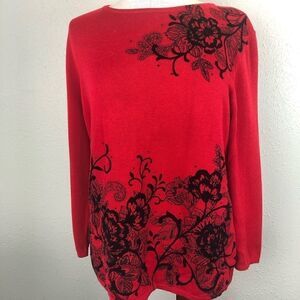 Alfred Dunner Red & Black Long Sleeve Sweater Top